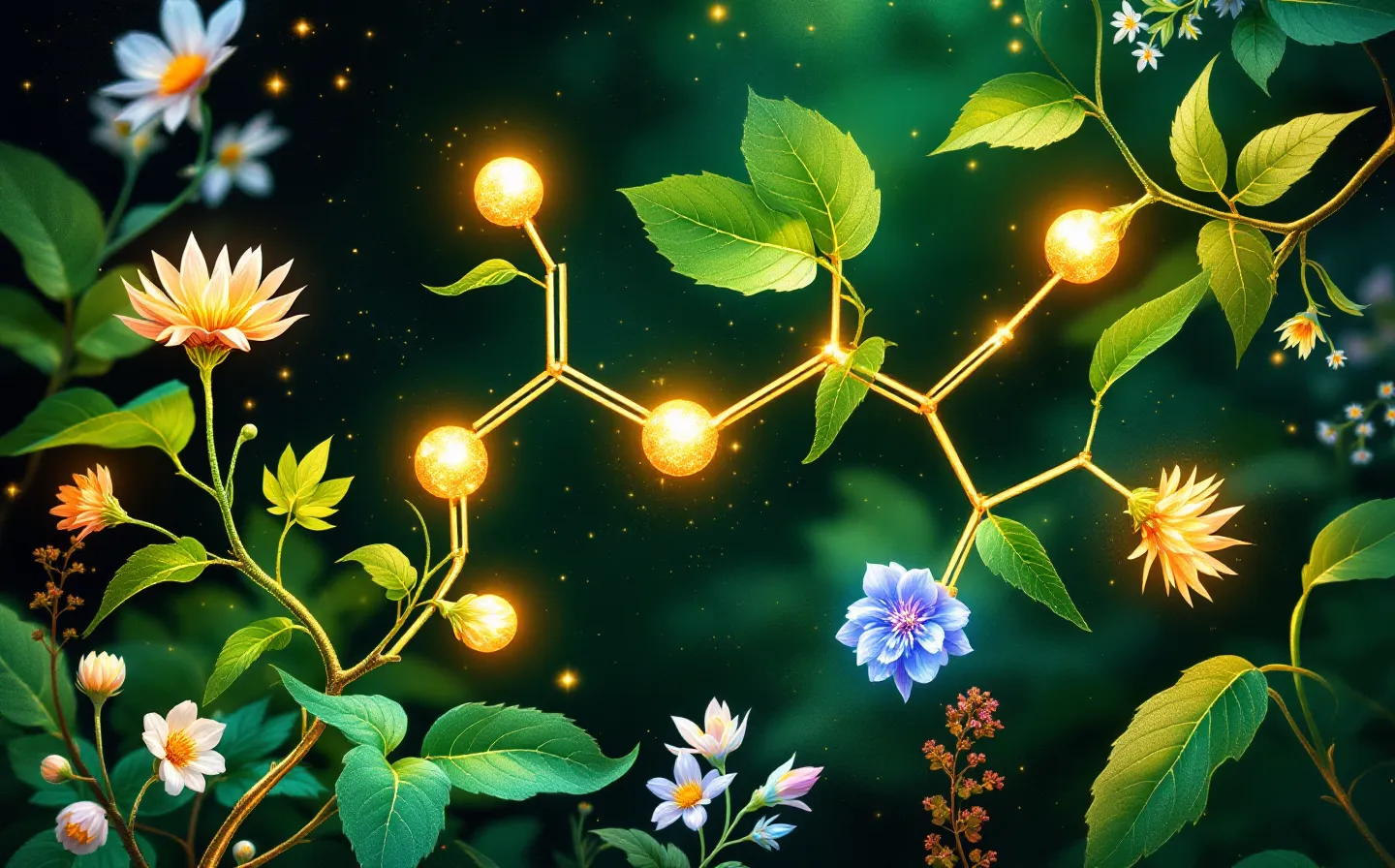 Luminous canopy-and-gold greenhouse study plate of a copper(II) coordination center growing like a sprouting tripeptide vine, framed by soft vine borders on a deep canopy-green ground