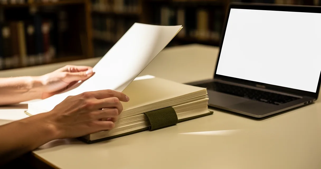 Two readers’ hands turn loose paper beside a laptop and olive bookmark