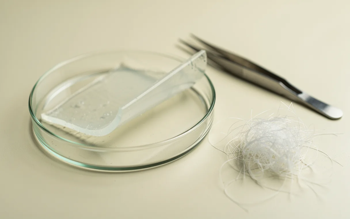 A translucent gel sheet in an open dish beside fibres on a cream laboratory bench