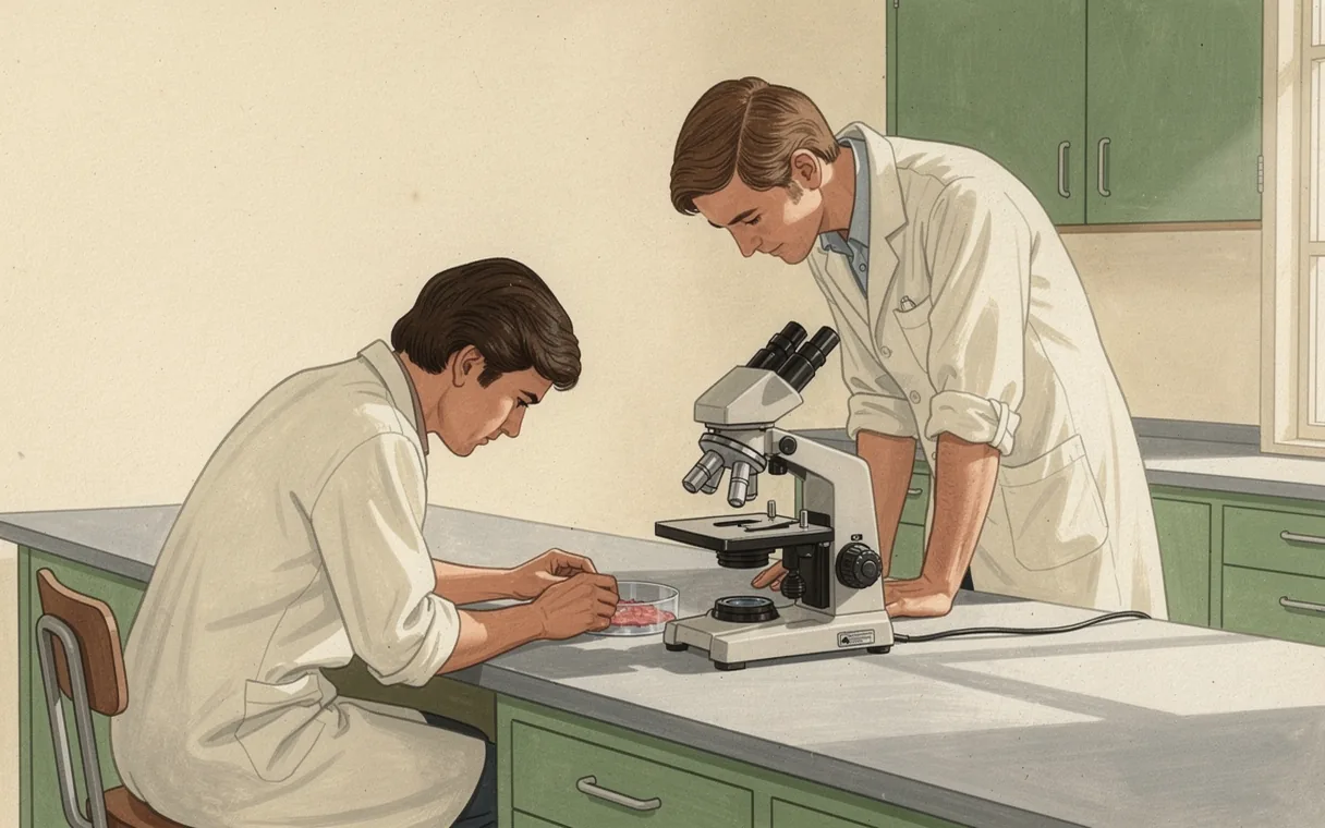 Two laboratory workers examine a tissue dish at a period laboratory bench