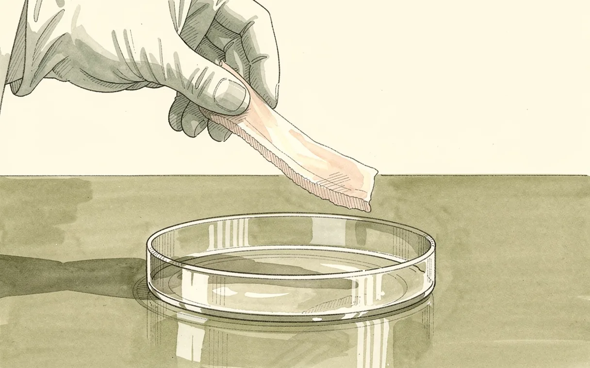 A gloved laboratory worker holds a thin tissue sample above a glass chamber